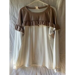 Bibi Long Sleeve Knit Shirt Ruffle Detail White & Pink Top Size XL Pullover